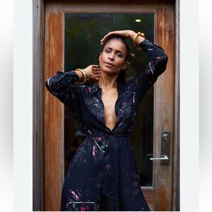 Ooshi Abstract‎ Print Silk Button Down Shirt Dress Black size small